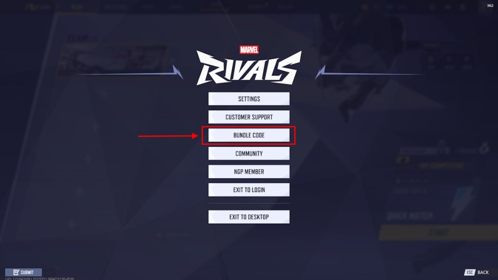 Selecting the Bundle Code option in Marvel Rivals