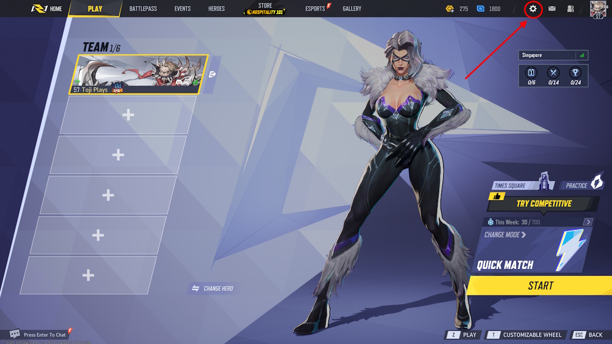 Seleccionar el ícono de configuración en la página de inicio de Marvel Rivals