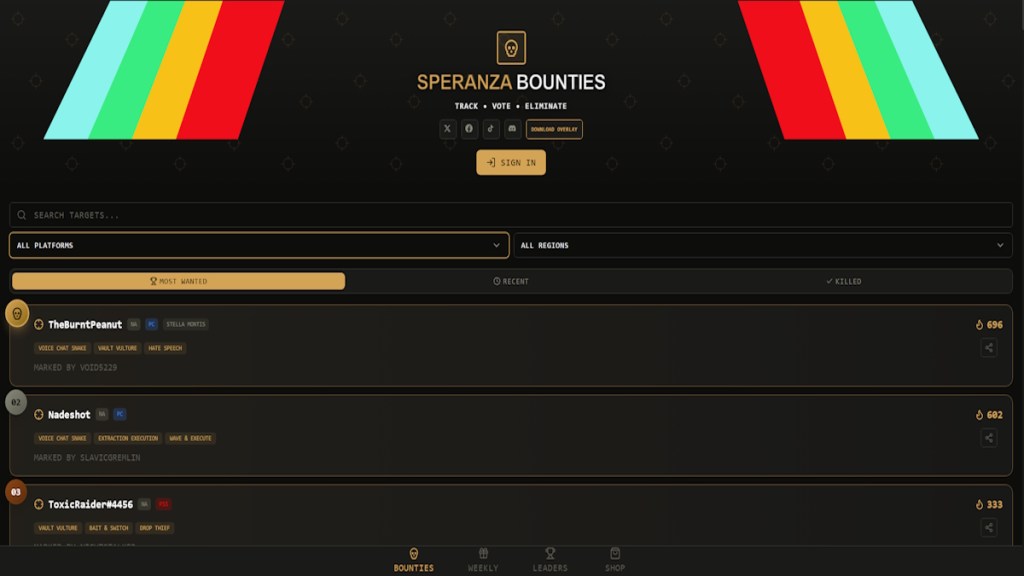 Sitio web de Speranza Bounties