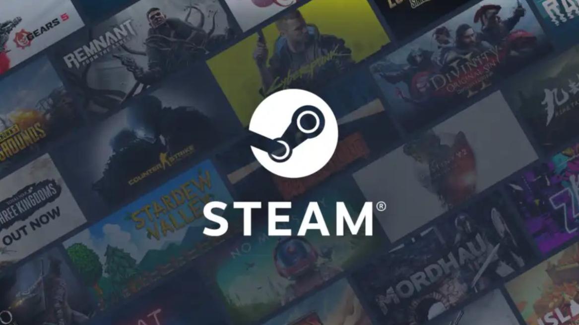 Steam logo with game covers in the background