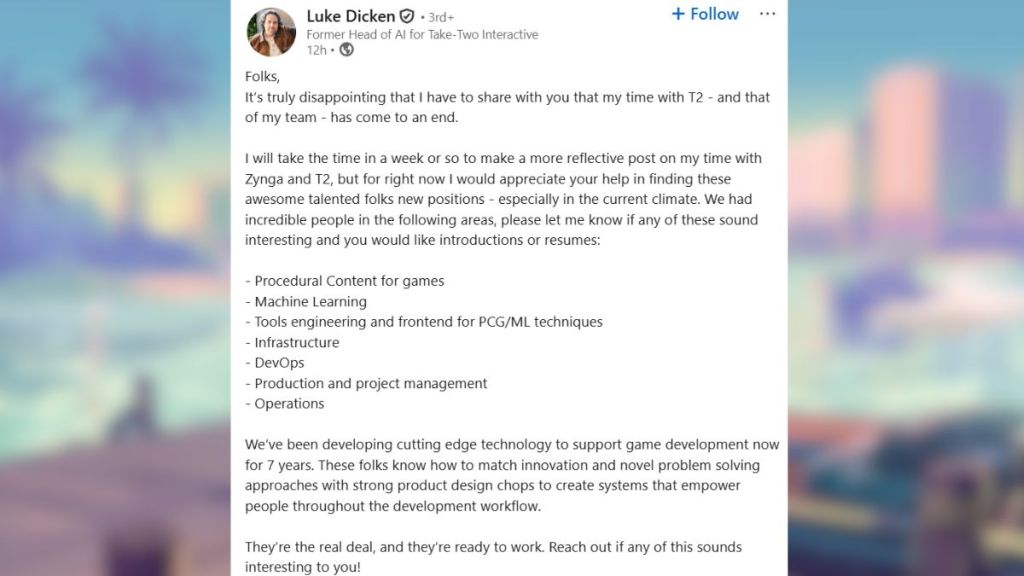 Take Two Luke Dicken LinkendIn Post