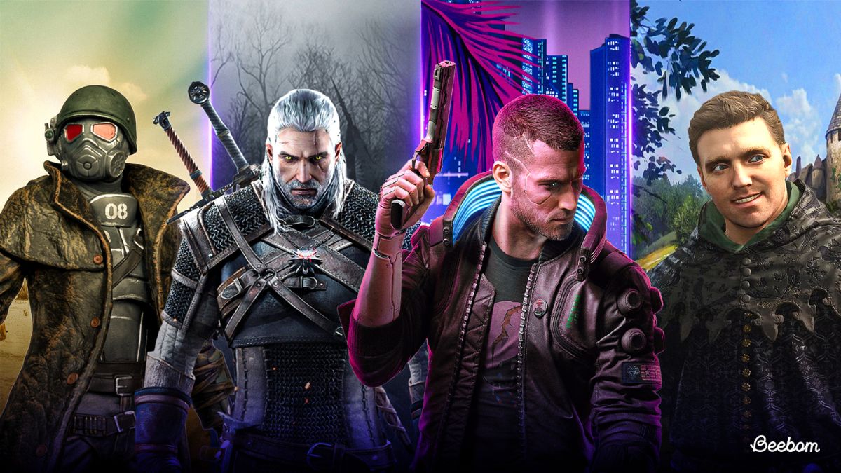 The protagonists from Fallout: New Vegas, The Witcher 3, Cyberpunk 2077, and KCD2 in a collage