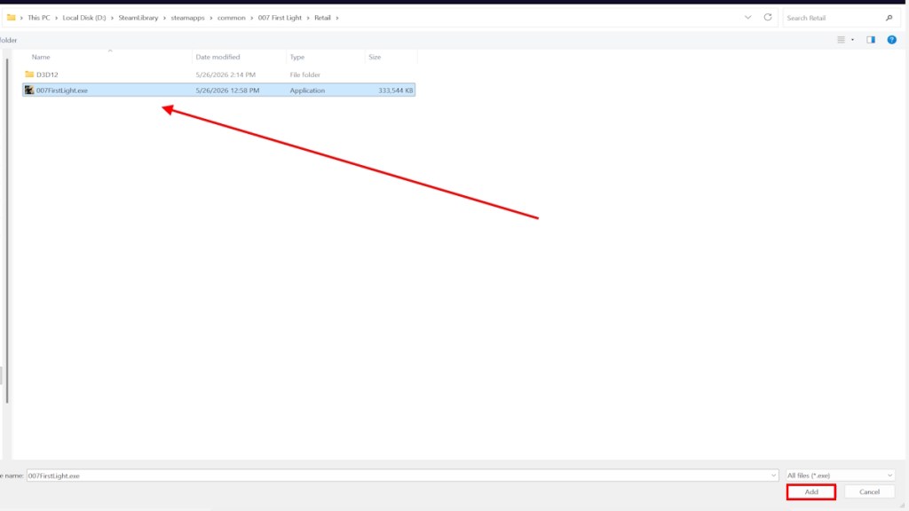 Adding the 007 First Light App in Graphics Settings Menu