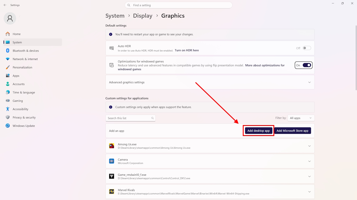 Adding the Desktop App in Graphics Settings Menu