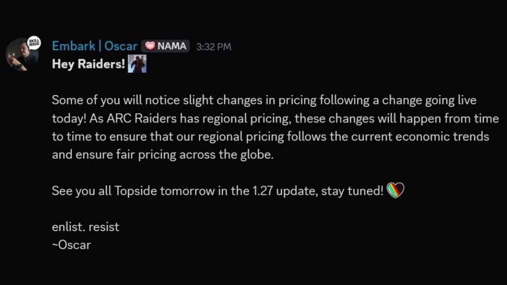 Arc Raiders Regional Pricing Changes Announcement