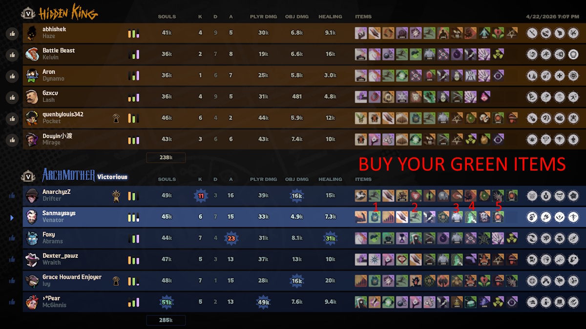 Buy green items in Deadlock