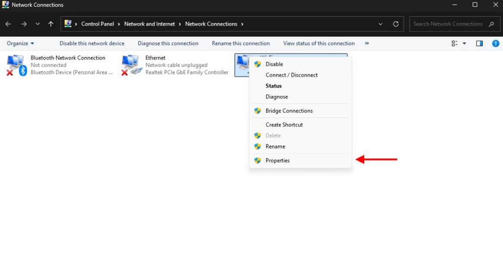 Check properties for Network settings