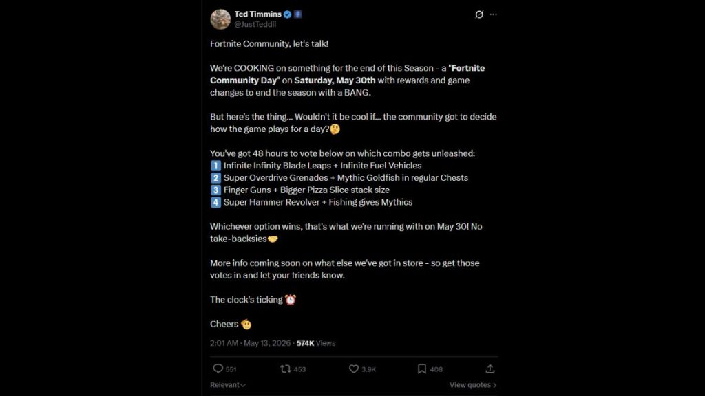Fortnite Community Day Ted Timmins Tweet