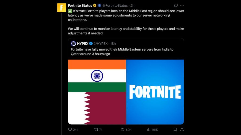 Fortnite Status Tweet about Middle East Servers