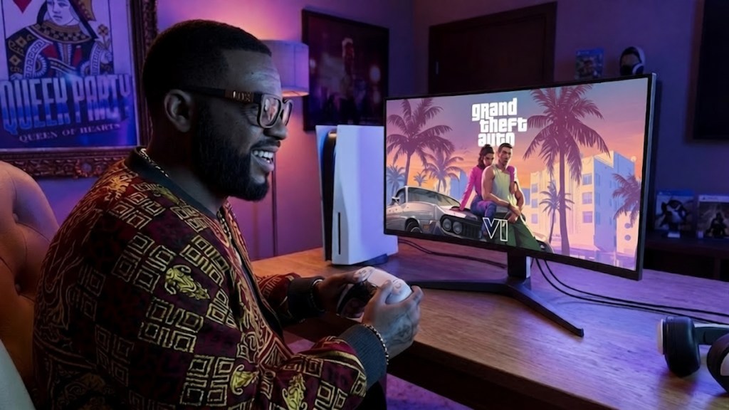 A new GTA character playing GTA 6 on a PS5 console