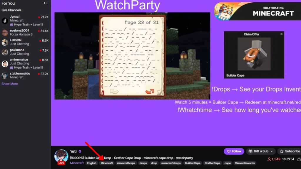 How to Get Builder Cape in Minecraft through Twitch livestream