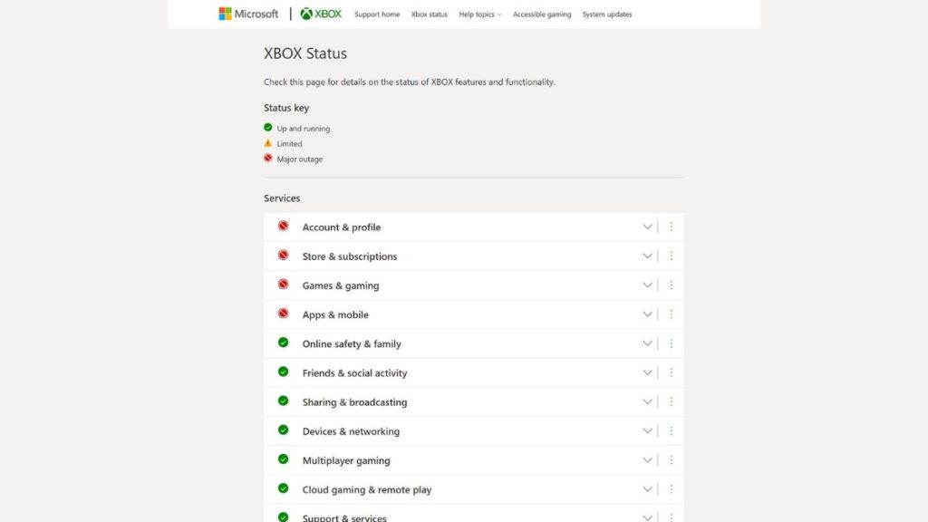 Xbox Server Status page