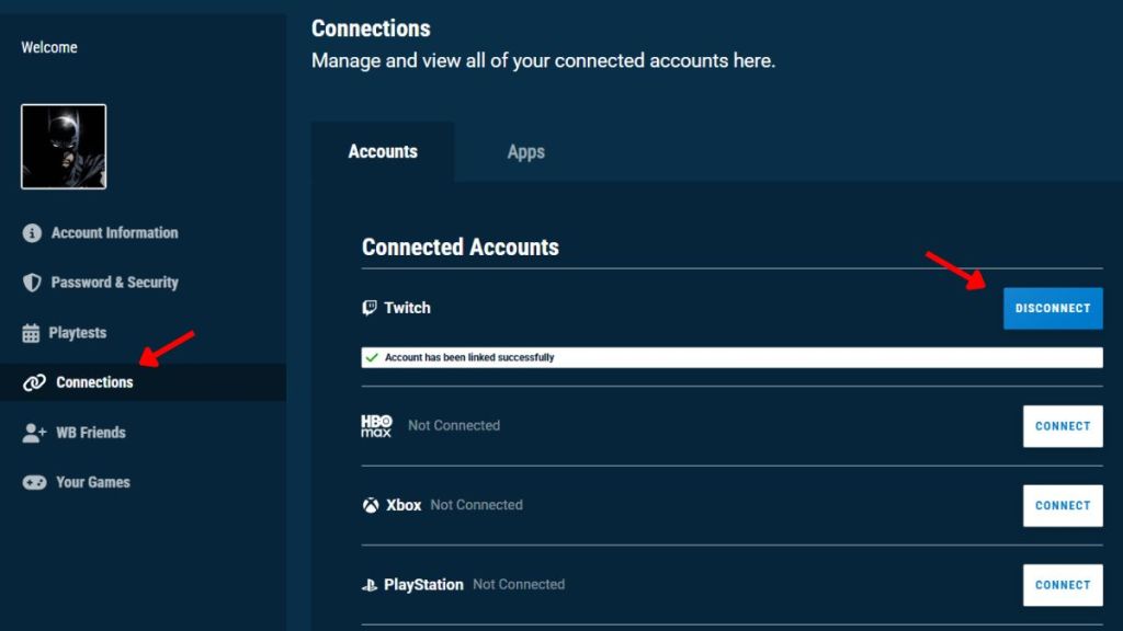 Link Twitch and WB Games account for drops