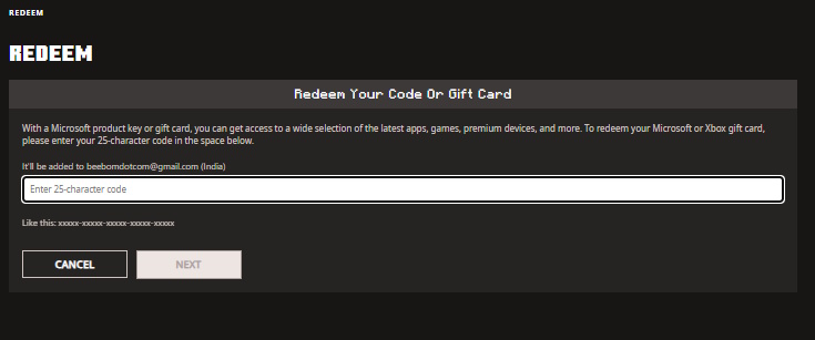 Minecraft redemption page to unlock the Crafter Cape
