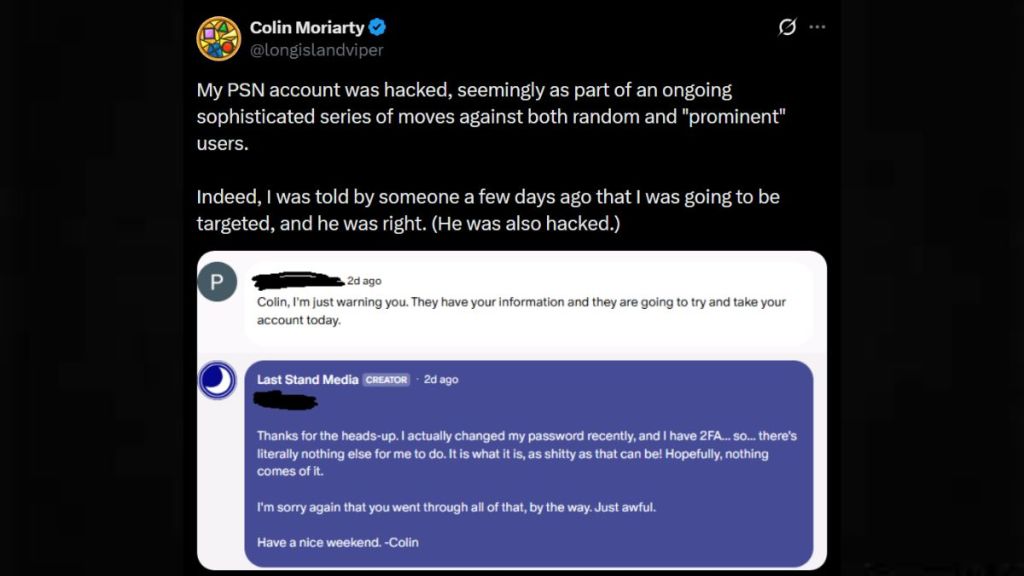 Colin Moriarty's PSN account hacked