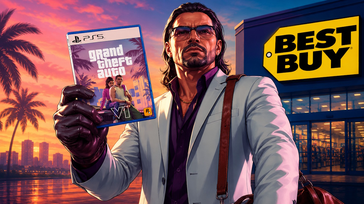 Raul in GTA 6 with the physical PS5 copy in front of Best Buy