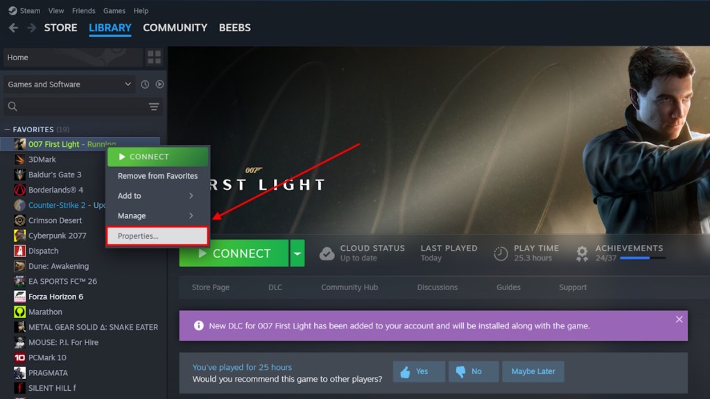 Selecting the properties menu