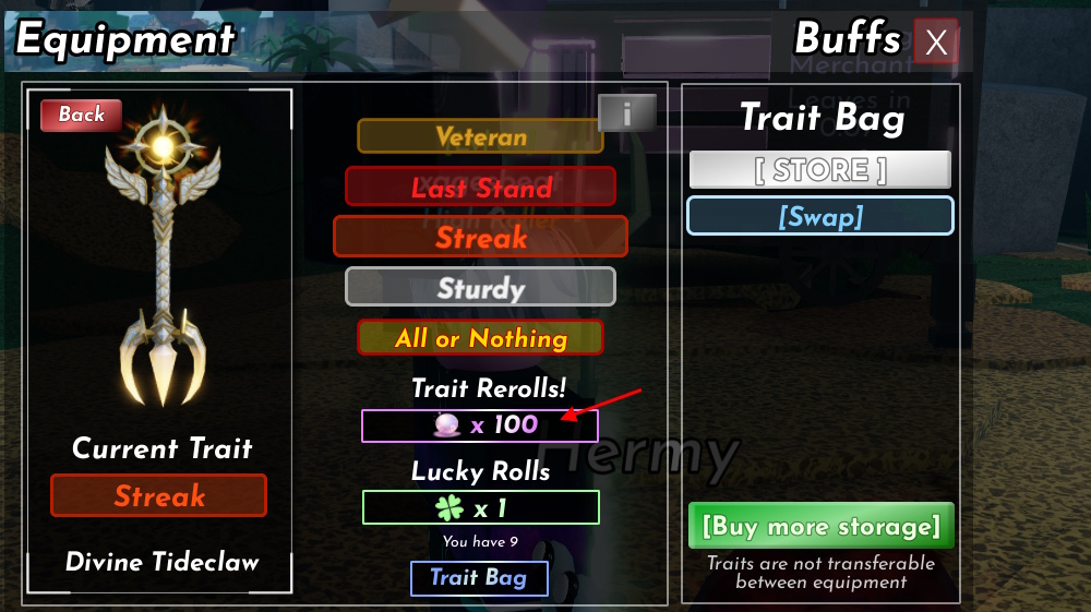 Trait reroll button using pearls
