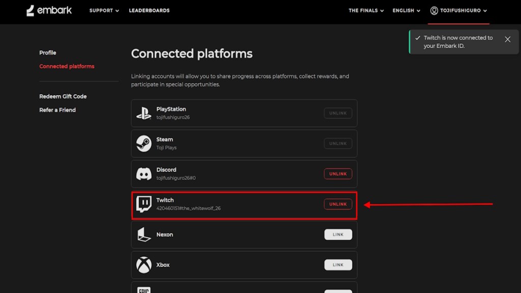 Twitch connected with Embark ID