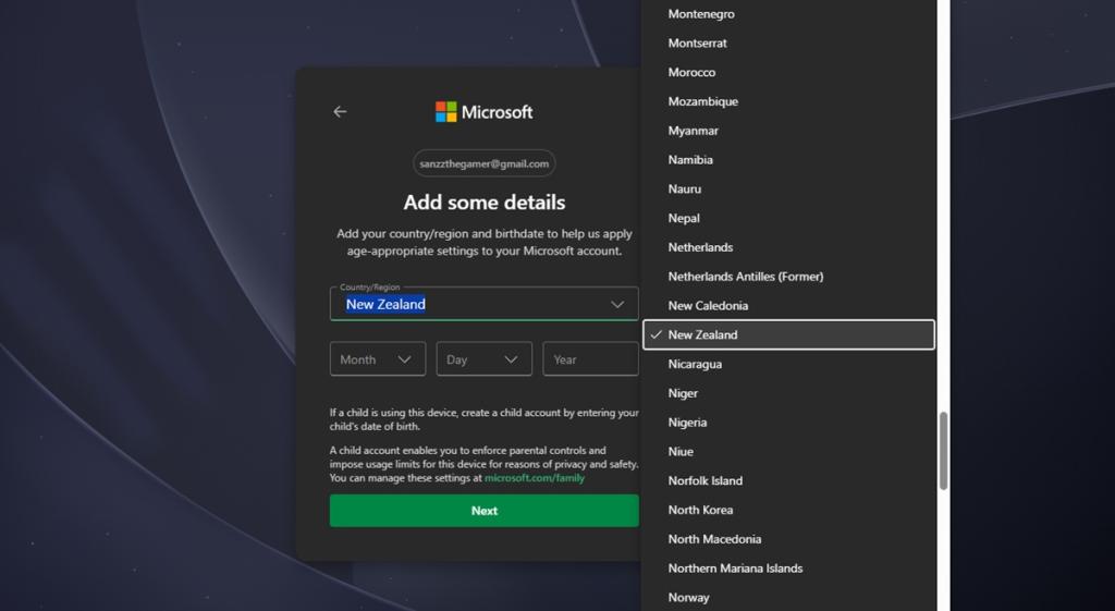 Crear una cuenta de Microsoft en Nueva Zelanda