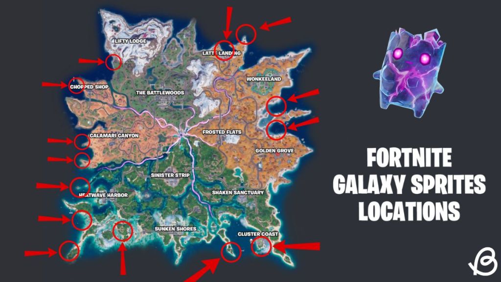 Galaxy Sprite locations marked on the Fortnite Chapter 7 Season 3 map with a Galaxy Zero Point Sprite