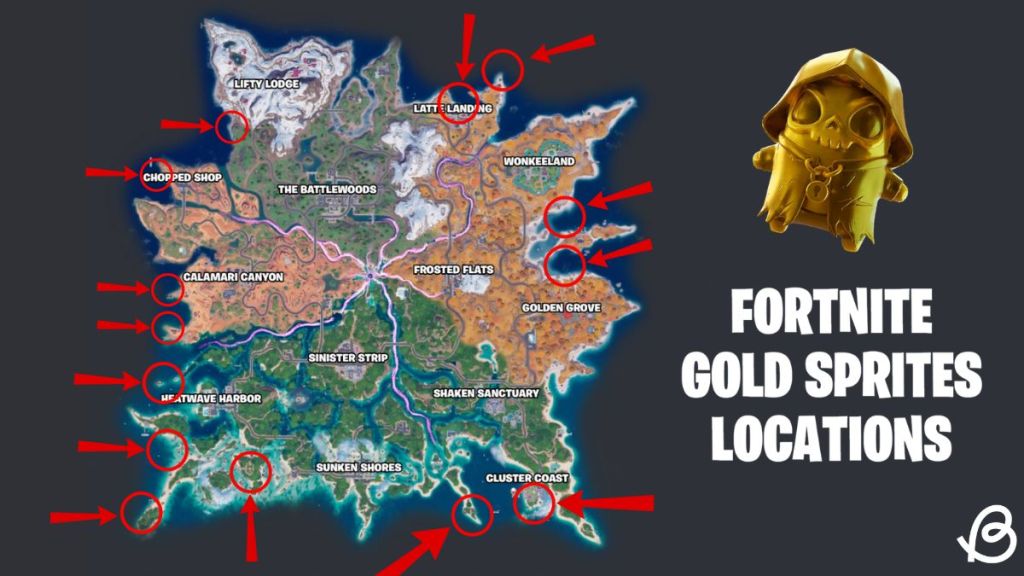 Gold Sprites Locations marked on the Fortnite Chapter 7 Season 3 map with a Gold Grim Reaper Sprite