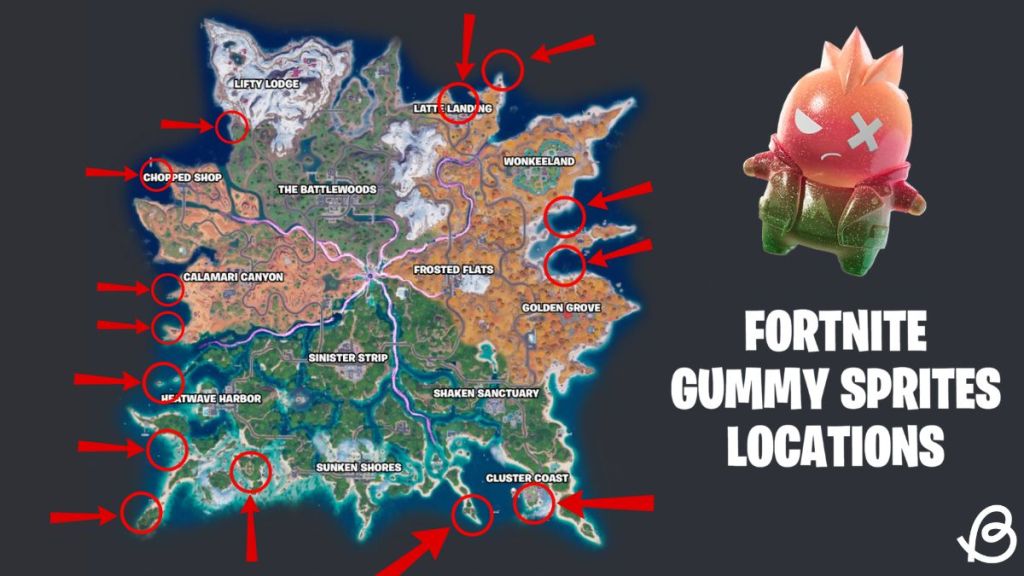 Gummy Sprite locations marked on the Fortnite Chapter 7 Season 3 map with a Gummy Punk Sprite