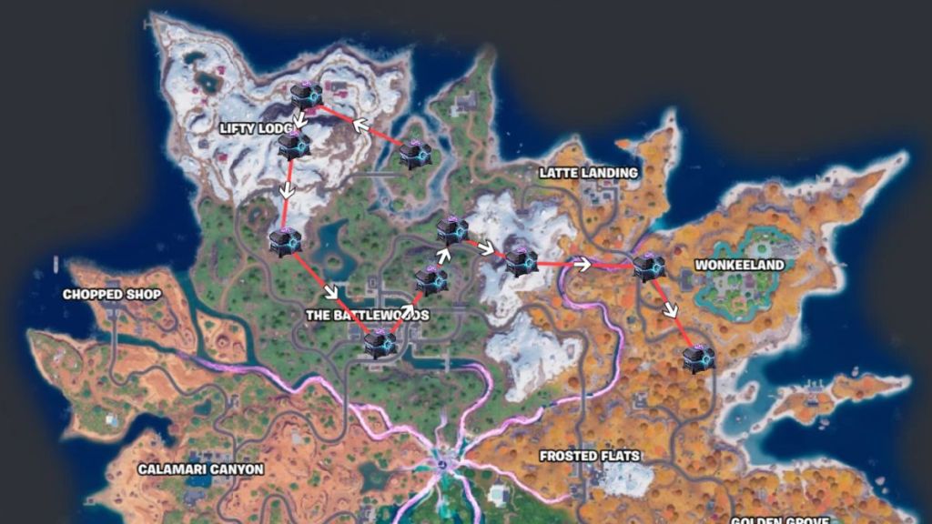 Fortnite map with Sprite Chest locations marked on a path