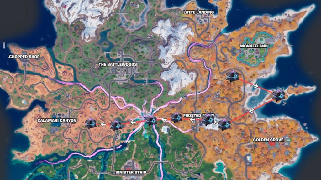 Fortnite map with Sprite Chest locations marked on a path