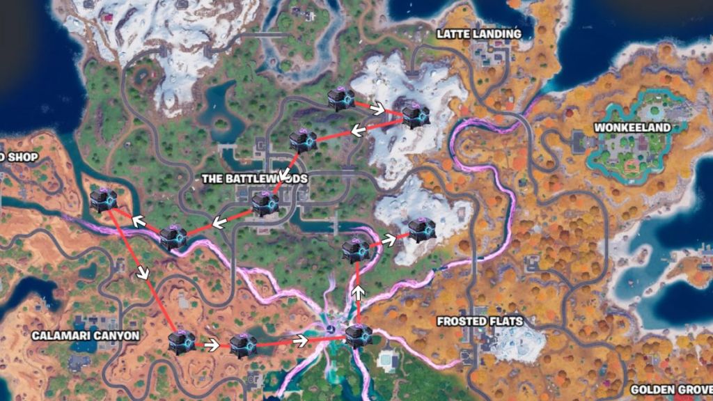 Fortnite map with Sprite Chest locations marked on a path