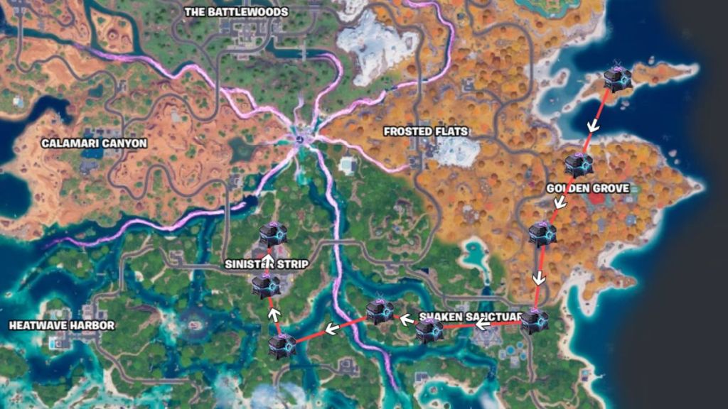 Fortnite map with Sprite Chest locations marked on a path