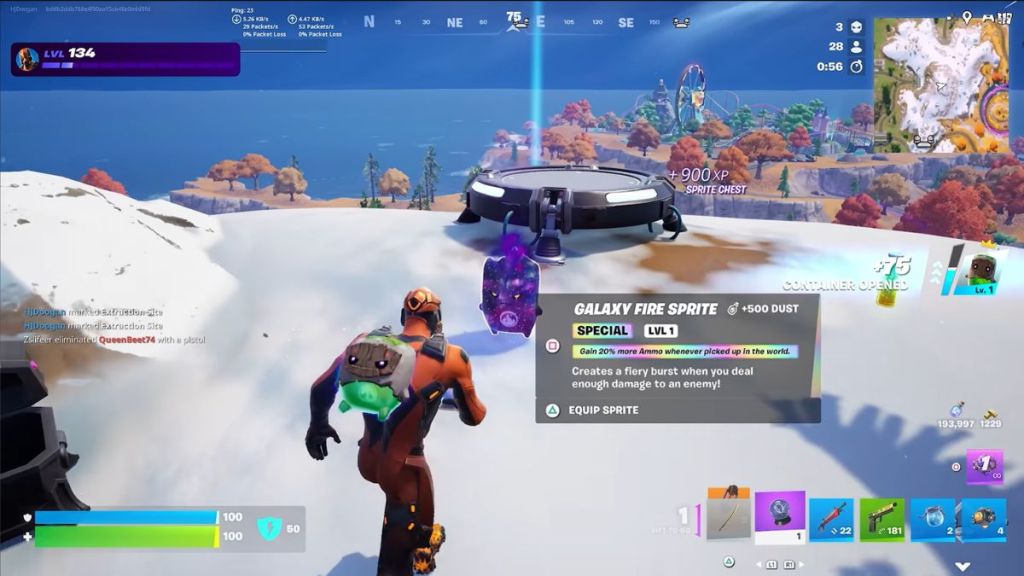 Fortnite player standing in front of a Gold Sprites and a launch pad in Chapter 7 Season 3