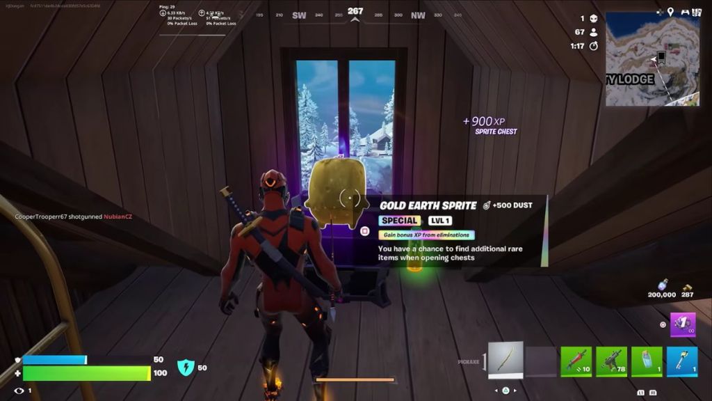 Fortnite player standing in front of a Gold Sprite in a cabin
