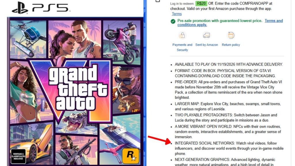 GTA 6 Social Media shown on Amazon Brazil