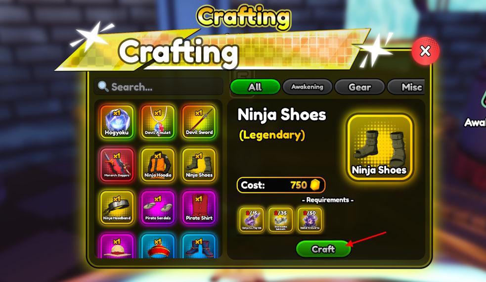 Gear craft button in Anime Squadron