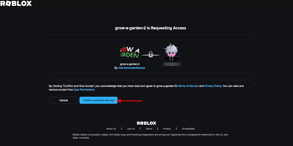 Give Roblox access to GAG 2