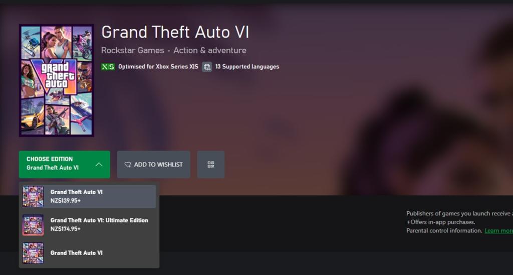 Reserva GTA 6 en la Tienda Xbox de Nueva Zelanda