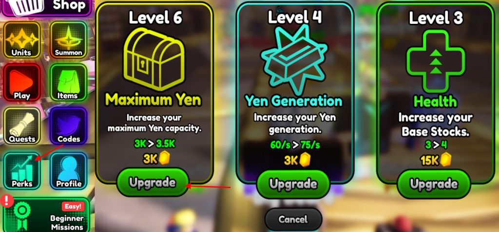 Upgrade Perks in Anime Squadron