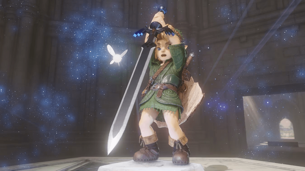 The Legend of Zelda: Ocarina of Time Remake screenshot featuring Link pulling out the Master Sword.