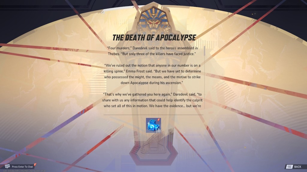 100 free units for completing the Marvel Rivals Death of Apocalypse event in Marvel Rivals