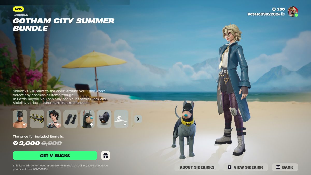 Ace The Bat Hound Sidekick en el paquete de verano de Fortnite Gotham City