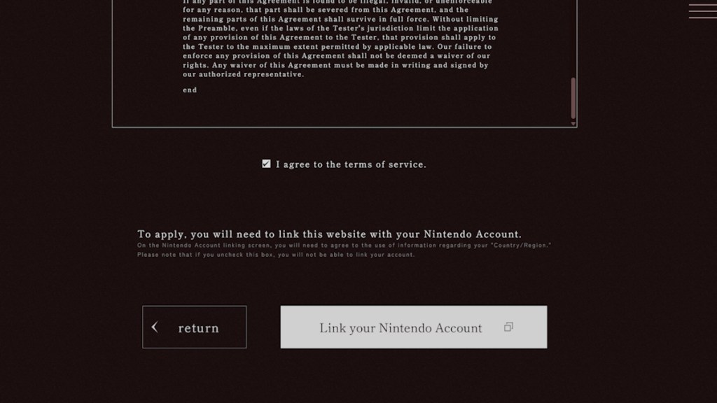 Agreeing to the terms and conditions for The Duskbloods closed network test