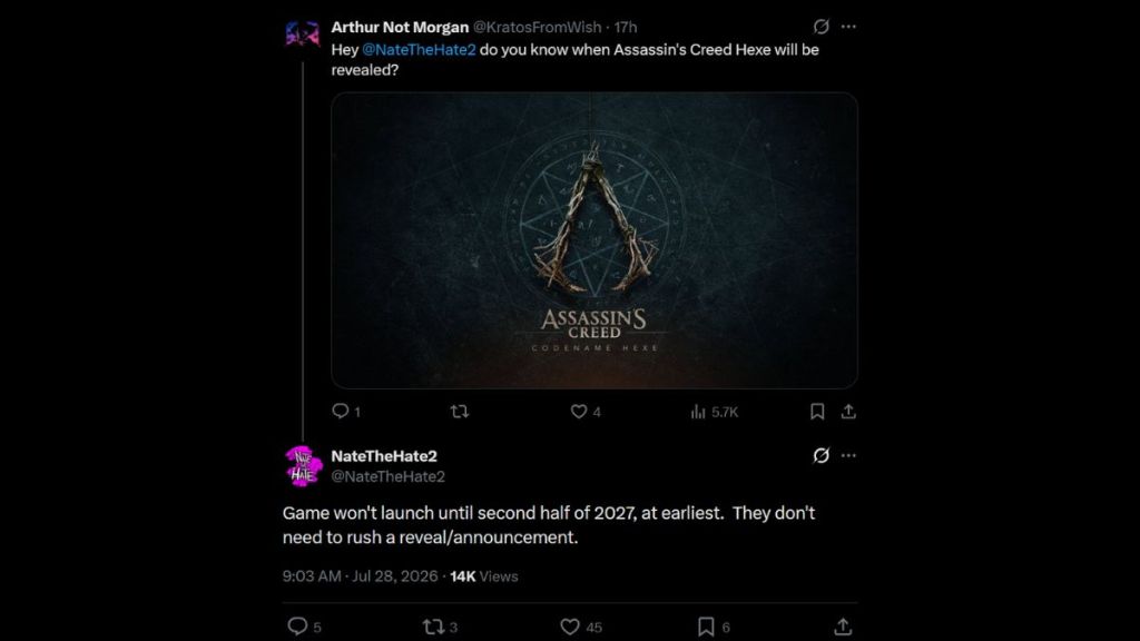 Publicación de NateTheHate en X sobre la fecha de lanzamiento de Assassin's Creed Hexe