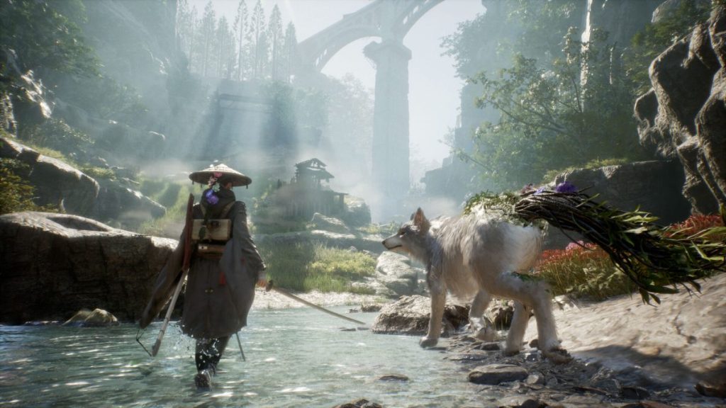 Emma and her furry companion Koo walking through the world of Beast of Reincarnation PC.