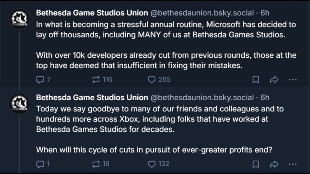 Bethesda Game Studios Union statement regarding Xbox layoffs on BlueSky