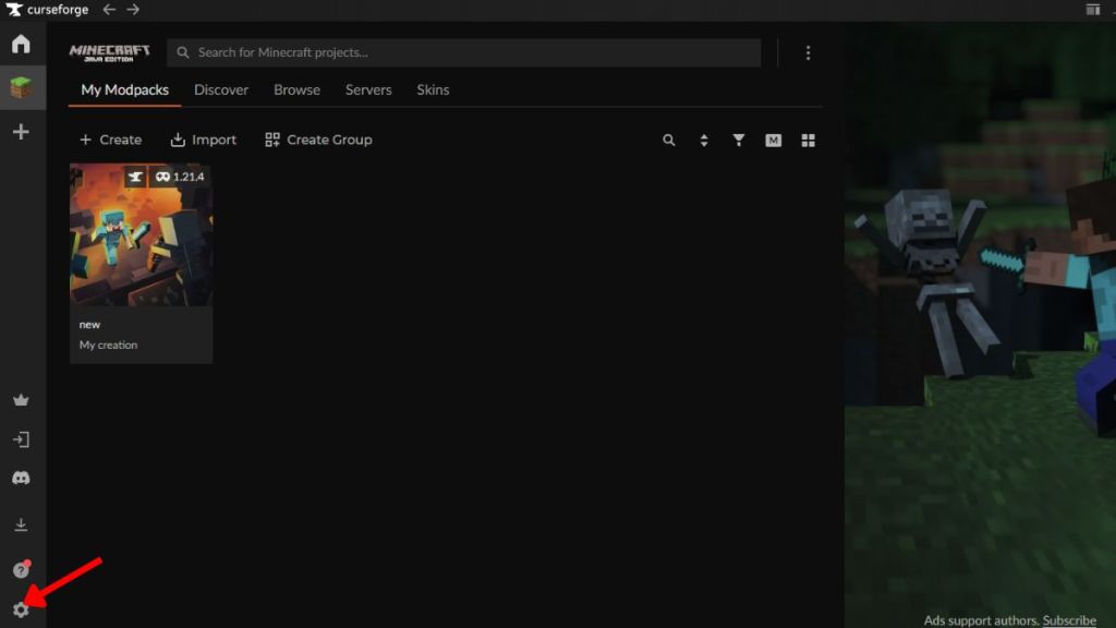 Click on the Settings to change the allocated RAM on CurseForge