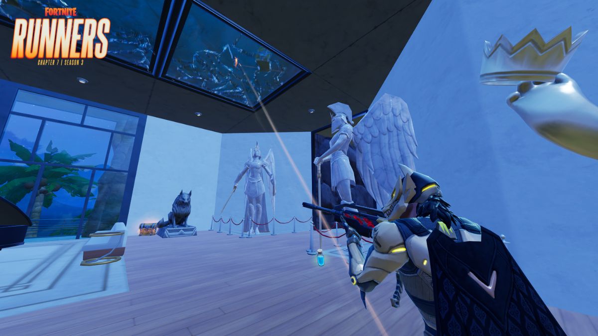 Shooting at the Aquarium Vault with a logo for Fortnite Chapter 7 Season 3 Runners