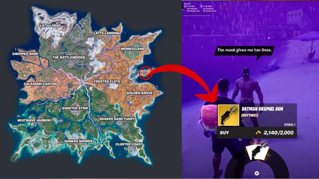 Fortnite Chapter 7 Season 3 map with the Beach Bod Batman location marked with the Batman Grapnel Gun
