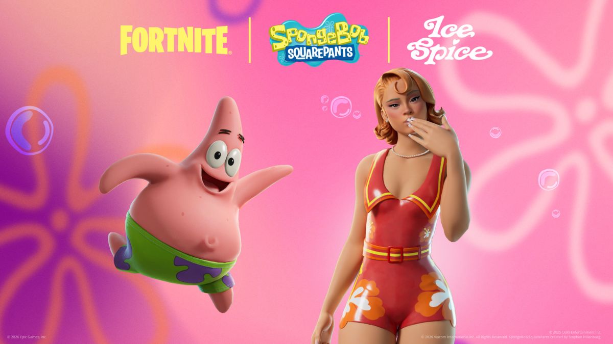 Fortnite Patrick Star Sidekick and Bikini Bottom Ice Spice skin with the Fortnite, SpongeBob, and Ice Spice logos
