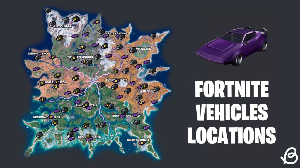 Fortnite Chapter 7 Season 3 map with vehicle locations marked on it